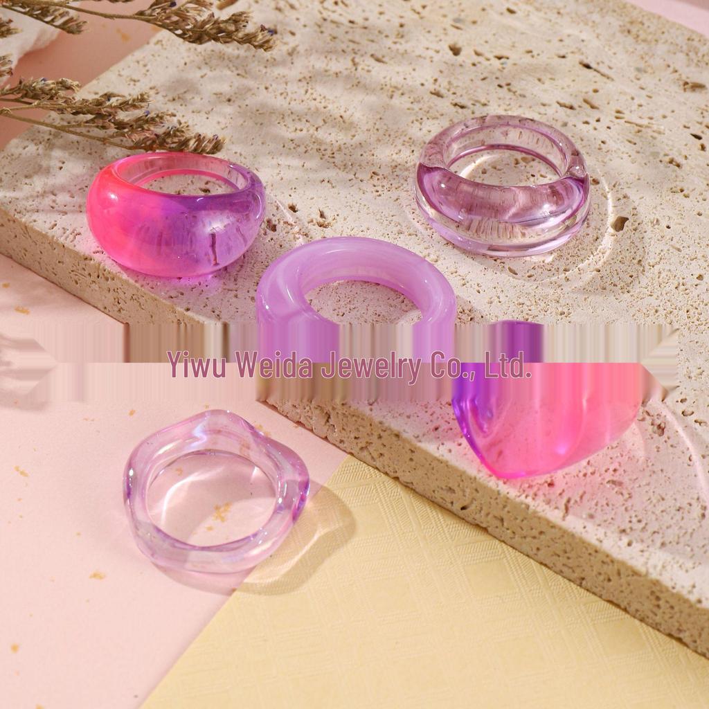 Набор из пяти цветных неправильных круглых колец из смолы и акрила для женщин - Минималистичный нишевый дизайн