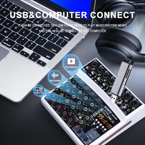 BOMGE 6-Channel DJ Audio Mixer with MP3, USB, Bluetooth, 48V Phantom Power, 5V Power Supply, and 99 DSP Echo Effects for Live Performances, Music, Kar