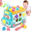 Music Activity Bus Baby Toy with Sound & Light  Shape Sorter Whack-a-Mole Toys Interactive Game Cartoon School Bus for Kids