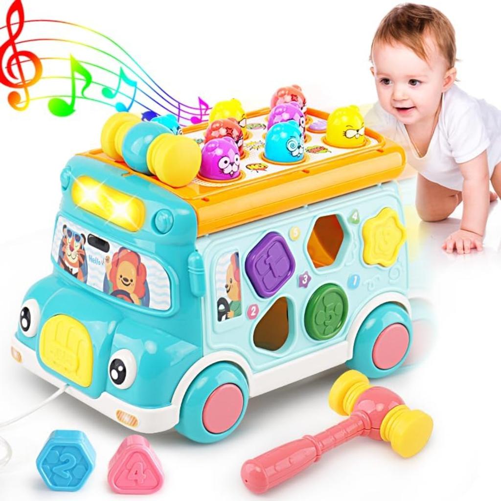 Music Activity Bus Baby Toy with Sound & Light Shape Sorter Whack-a-Mole Toys Interactive Game Cartoon School Bus for Kids