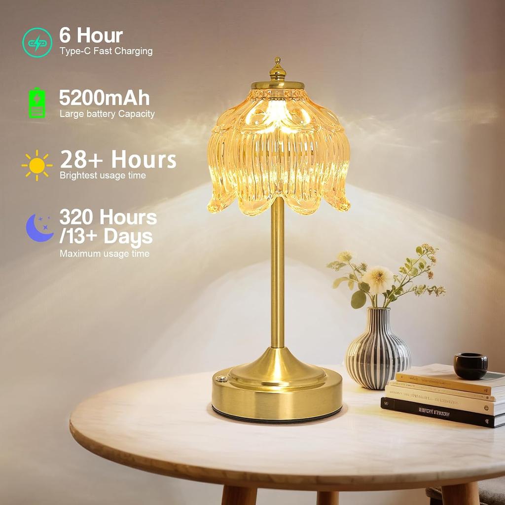 Cordless Table Lamp, Rechargeable Amber Glass Lotus Flower Lamp | 5200mAh touch lamp with 3 color modes and stepless dimming, battery operated lamp