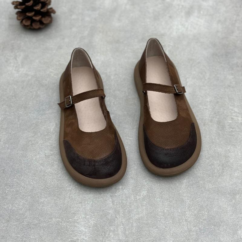 Johnature Женские туфли ручной работы из натуральной кожи в стиле ретро с круглым носком, неглубокие мягкие туфли из воловьей кожи на плоской подошве