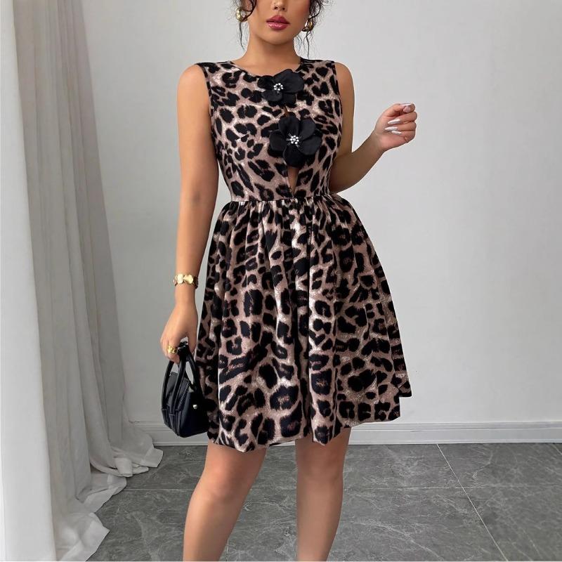 Women Leopard Print 3d Flower Decorated Sleeveless Loose Pleated Summer Dress
