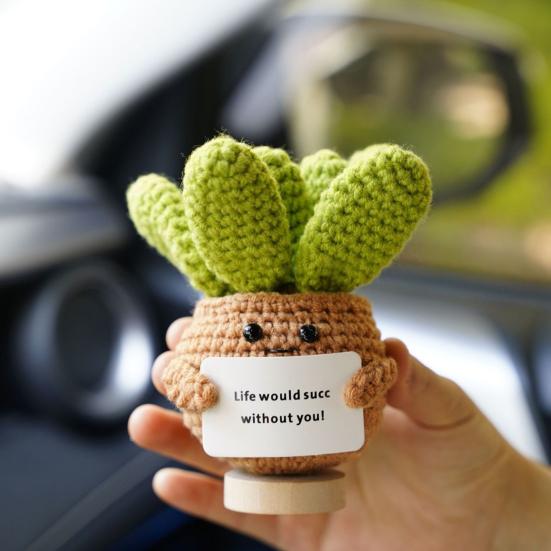 Positive Crochet Ball Cactus with Encouraging Card Emotional Support Handmade Knitting Potted Succulent Doll Toy Decoration Ornament