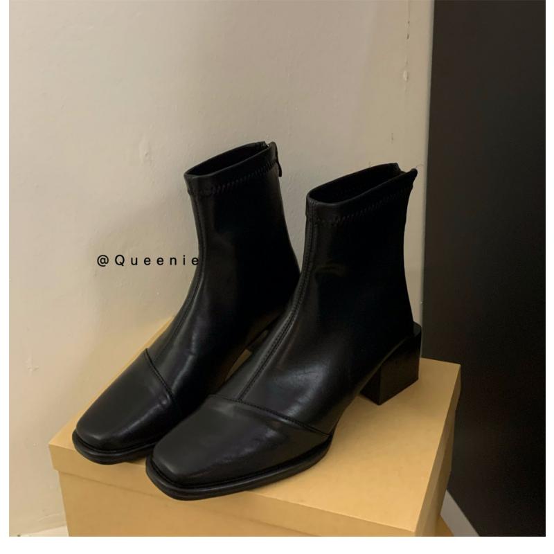 Мода Новые 2024 Эластичные носки Сапоги Женские Модные Ботильоны На Высоком Каблуке Толстый Каблук Квадратный Носок Короткие Сапоги Женские Ретро Ботильоны На Молнии