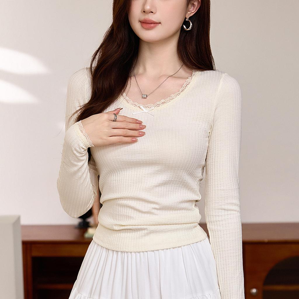 Slightly Transparent Sexy Lace Lace T-shirt for Women In Women's Long-sleeved Autumn New Pure Base Shirt