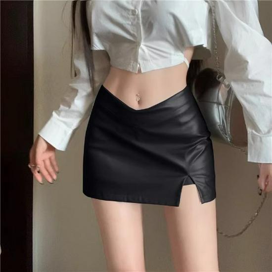 Spicy Girl V-Waist High-Waisted PU Leather Bodycon Mini Skirt With Side Slit - Hong Kong Style