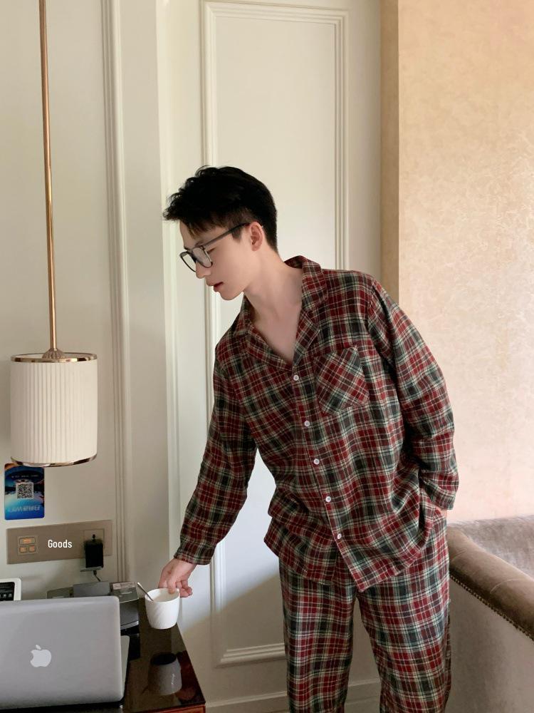 Korean-Style Couple Christmas Plaid Pajamas: Sweet Princess Design, Brushed Fabric, Long-Sleeve, Autumn/Winter Homewear Set