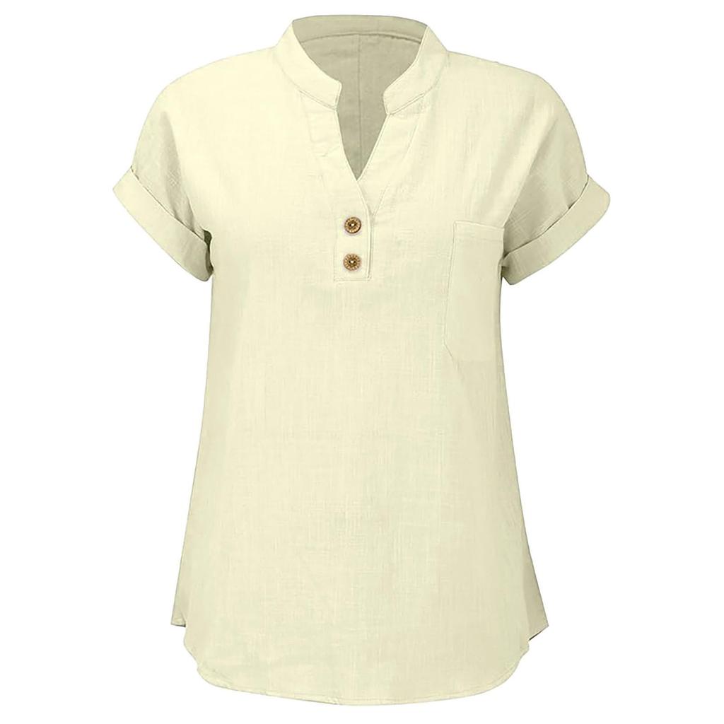 Женская мода однотонная рубашка с V-образным вырезом, пуговицами и карманом, с короткими рукавами, хлопковая повседневная футболка топ