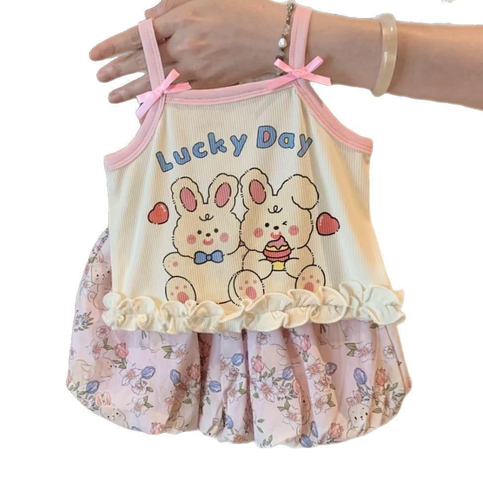 Cute Girls Summer Cartoon Camisole And Plaid Bloomer Shorts Set Toddler Baby Two Piece Outfit