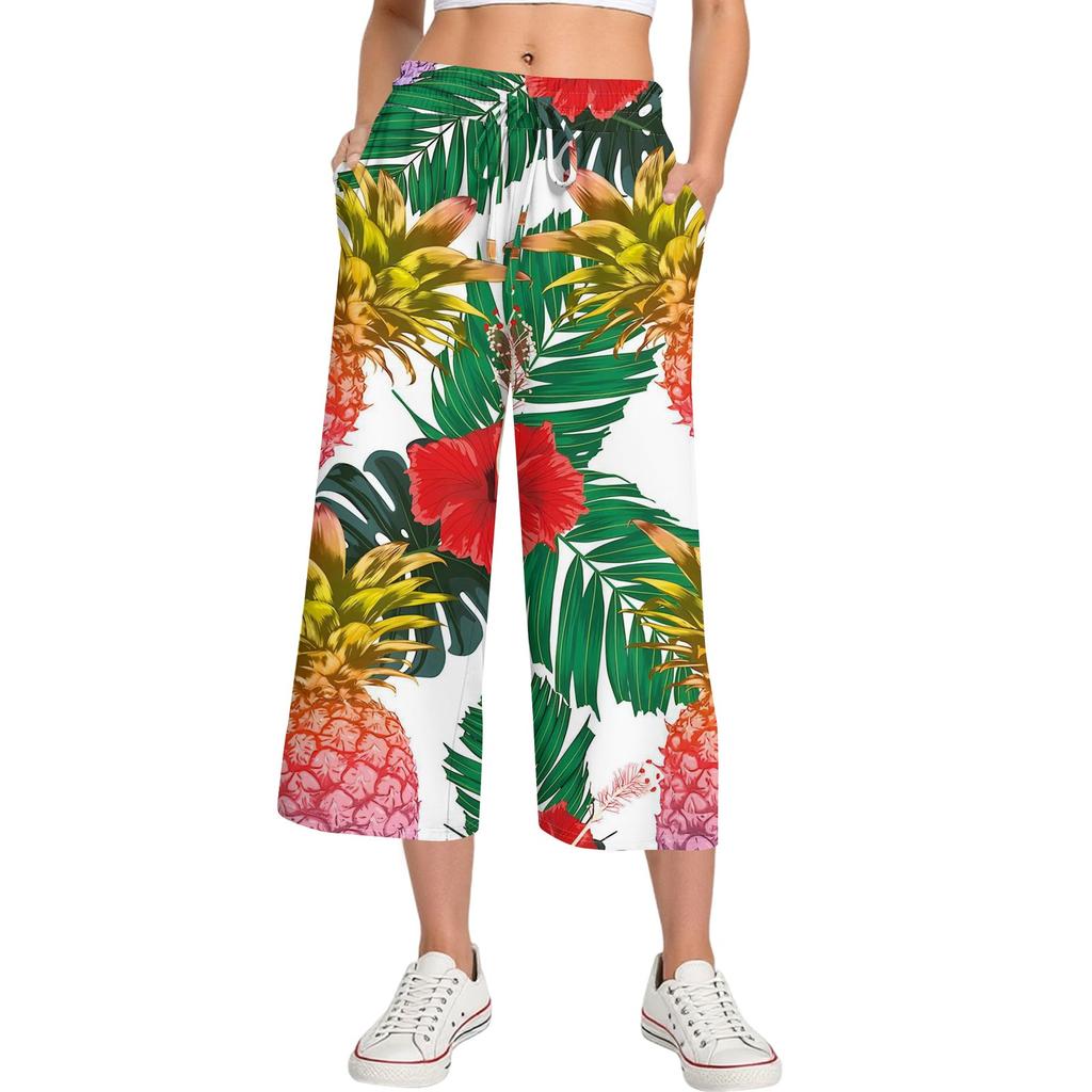 Женские летние повседневные спортивные брюки с высокой талией и принтом, укороченные брюки свободного покроя