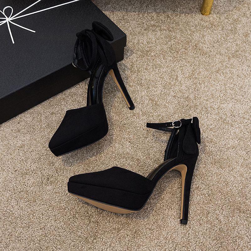Одно слово на высоком каблуке женские 2025 новые водонепроницаемые туфли с бантом черные профессиональные одинарные туфли с острыми шпильками сандалии