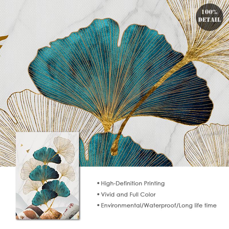 Золотистые, синие листья, птица, олень, постер, холст, картина для гостиной, картина, домашний декор, скандинавский мрамор, абстрактная настенная художественная печать