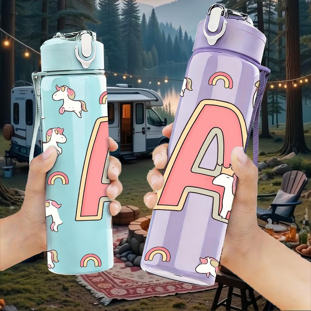 1PC Pastel Heart Letter A Pattern 750ml Color Plastic Sports Water Bottle Leakproof Flip Straw Lid Suitable for Sports Office Home Use