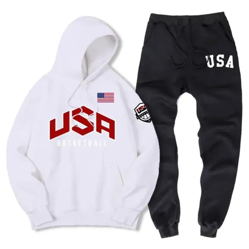 США баскетбольная уличная спортивная одежда с принтом спортивный костюм мужской теплый комплект из двух предметов свободная толстовка с капюшоном брюки комплект спортивный костюм с капюшоном