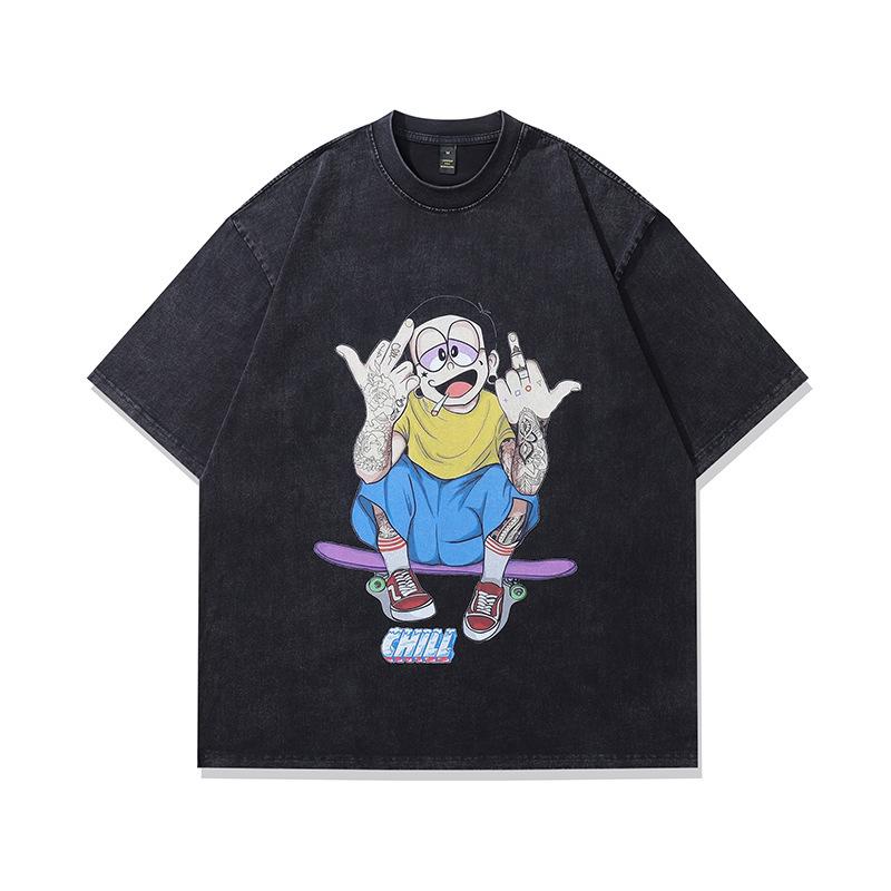 Shirt Short Sleeve Loose Men'S Men'S Shirt Washed T Street Summer Printing Cartoon T Straight Cotton