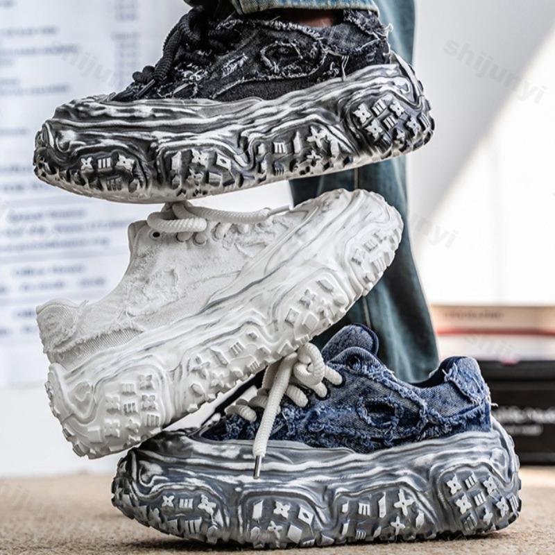 Модные нишевые джинсовые лоскутные дышащие повседневные мужские туфли 2025 весенний тренд моды обувь на толстой подошве удобные массивные кроссовки