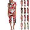Women's Casual Sports Pajamas Short Sleeve Cropped Pants Christmas Printed Set