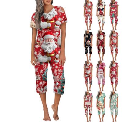 Женская повседневная спортивная пижама с коротким рукавом и укороченными брюками с рождественским принтом