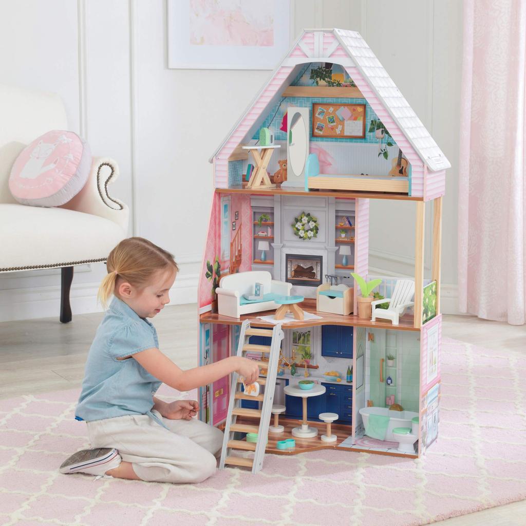 KidKraft Matilda Wooden Dollhouse EZ Kraft Balcony Movable Staircase with 23 Accessories For Ages 3 and Assembly™ Up.