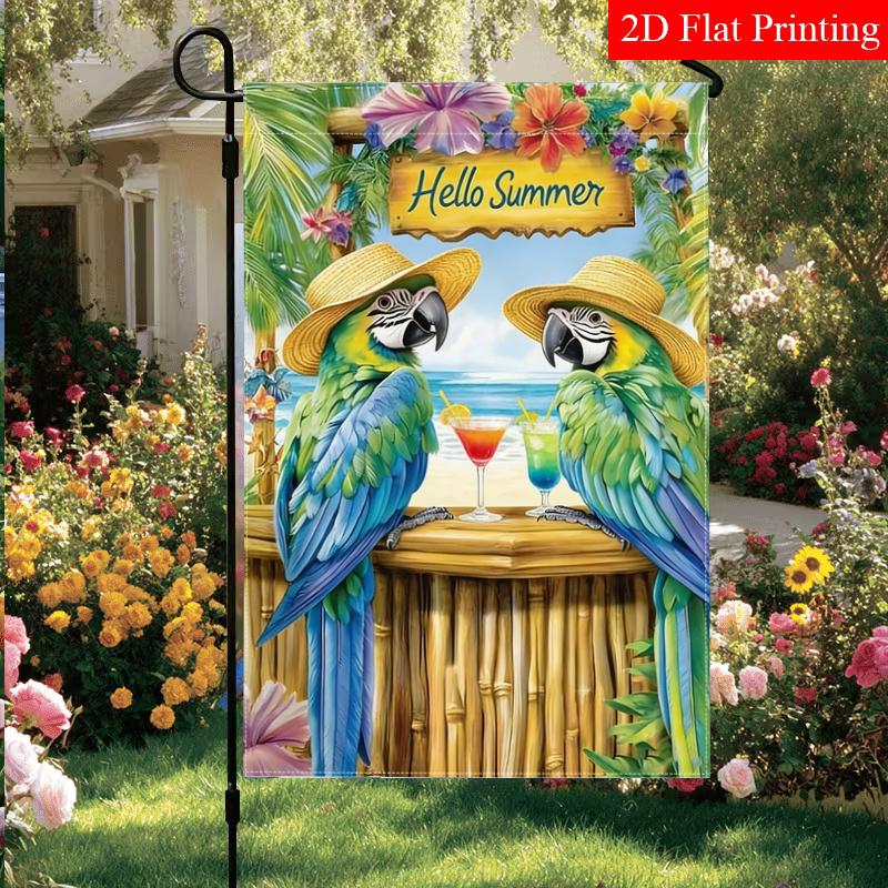 2D Flat - 2D Printing, 1pc Parrot Summer Beach (2)Double-Sided Garden Flag Yard Lawn Decoration, Outdoor Decoration, Flag solely. Flagpole Not Include