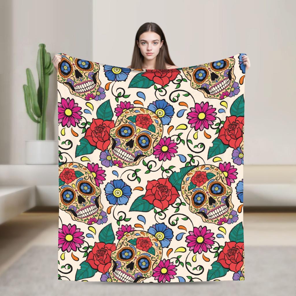 Sugar Skull Day of the Dead Blankets Gothic Mexican Skeleton Halloween Flannel Funny Warm Throw Blankets for Home Spring/Autumn