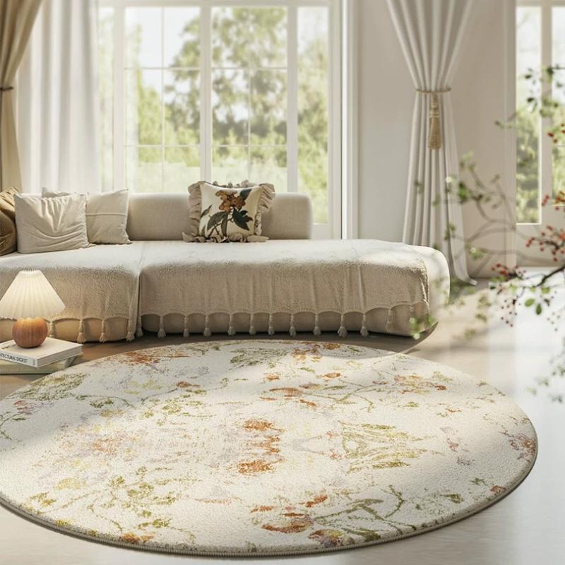 Cream Style Carpets for Living Room Light Luxury Bedroom Decor Carpet French Flower Bedside Round Rug Fluffy Soft Home Floor Mat