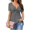 Women's V-neck Front Twisted Shirt Short Sleeved Elegant Casual T-shirt Solid Color Pullover Top Shirt