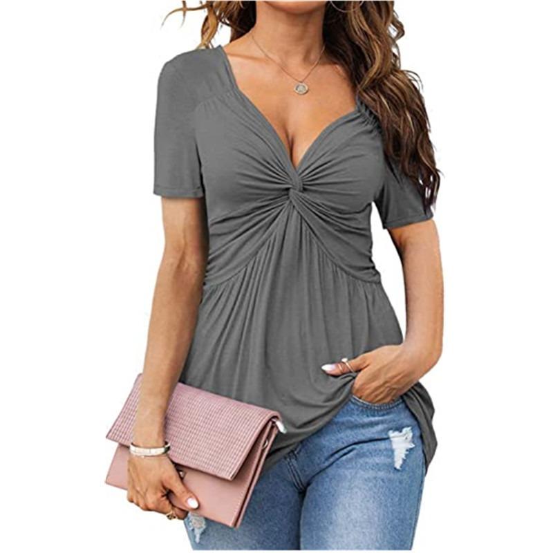 Women's V-neck Front Twisted Shirt Short Sleeved Elegant Casual T-shirt Solid Color Pullover Top Shirt