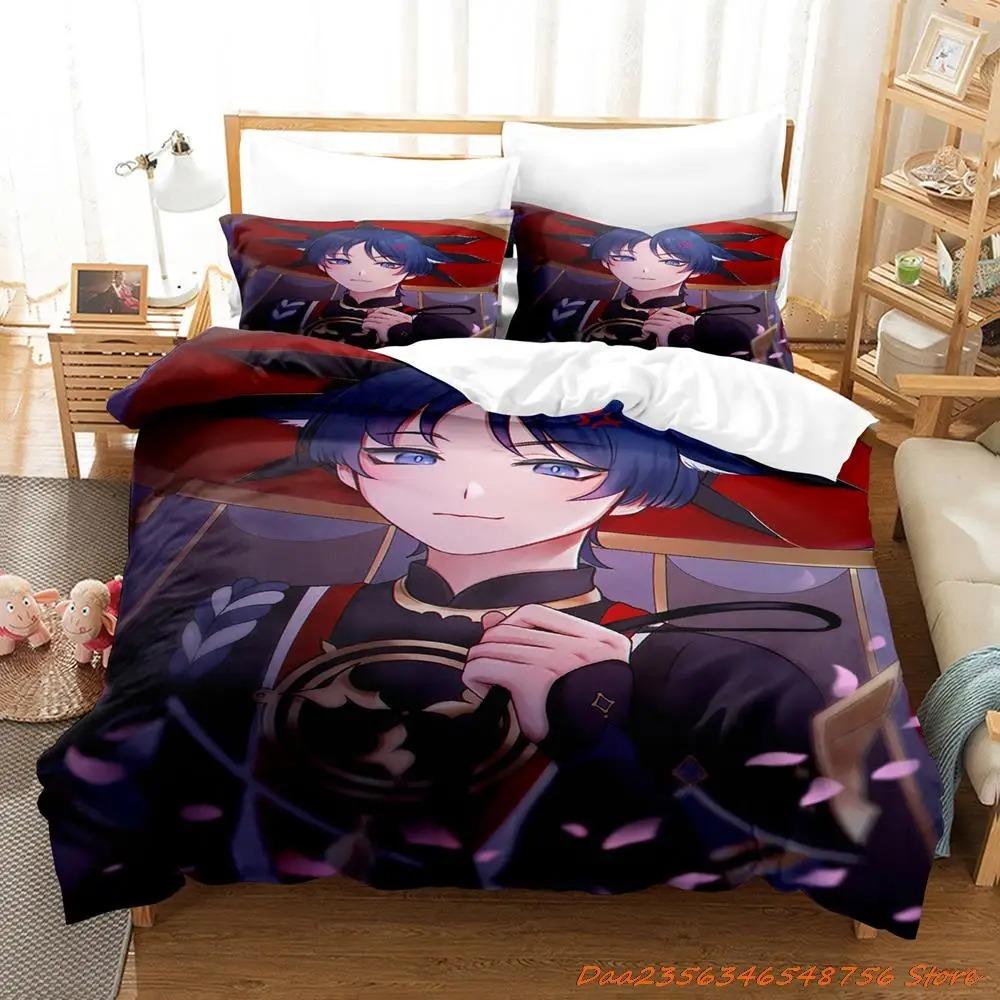 Sale Game Genshin Impact Scaramouche Bedding Collection Cartoon Anime ThreePiece Set Adult Kid Bedroom Duvetcover Collections 3D Kawaii