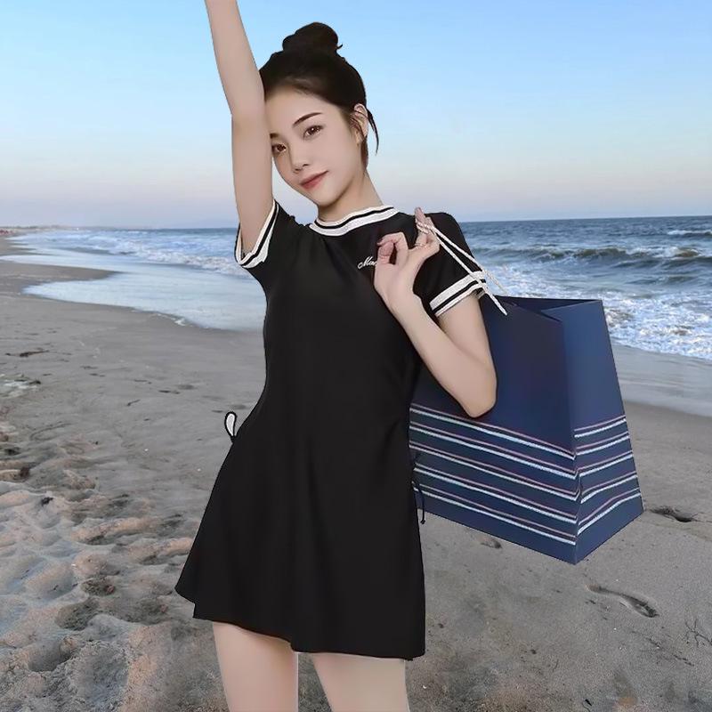 Раздельный купальник в корейском стиле с цветными блоками: Женская юбка, модная, облегающего кроя, консервативный дизайн, закрывающий живот, для праздников.