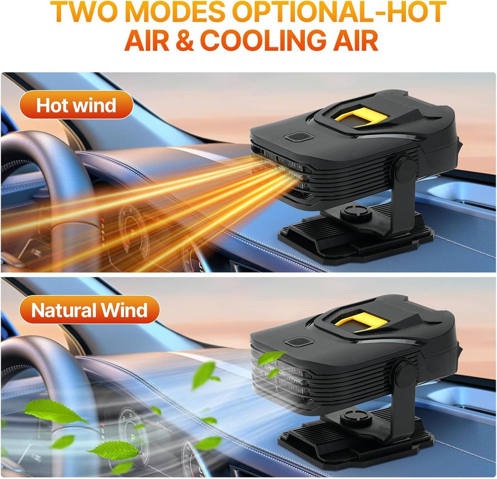 12V Portable Car Heater & Windshield Defroster, 2-in-1 Fast Heating/Cooling Fan with 360° Swivel Base for SUVs, Trucks & RVs