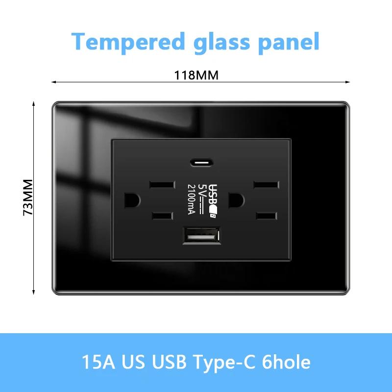 American Black Tempered Glass 15A Light Electrical Switch,US Plug USB Type-c Quick Charge Wall Power Outlet,Mexico Switch Outlet