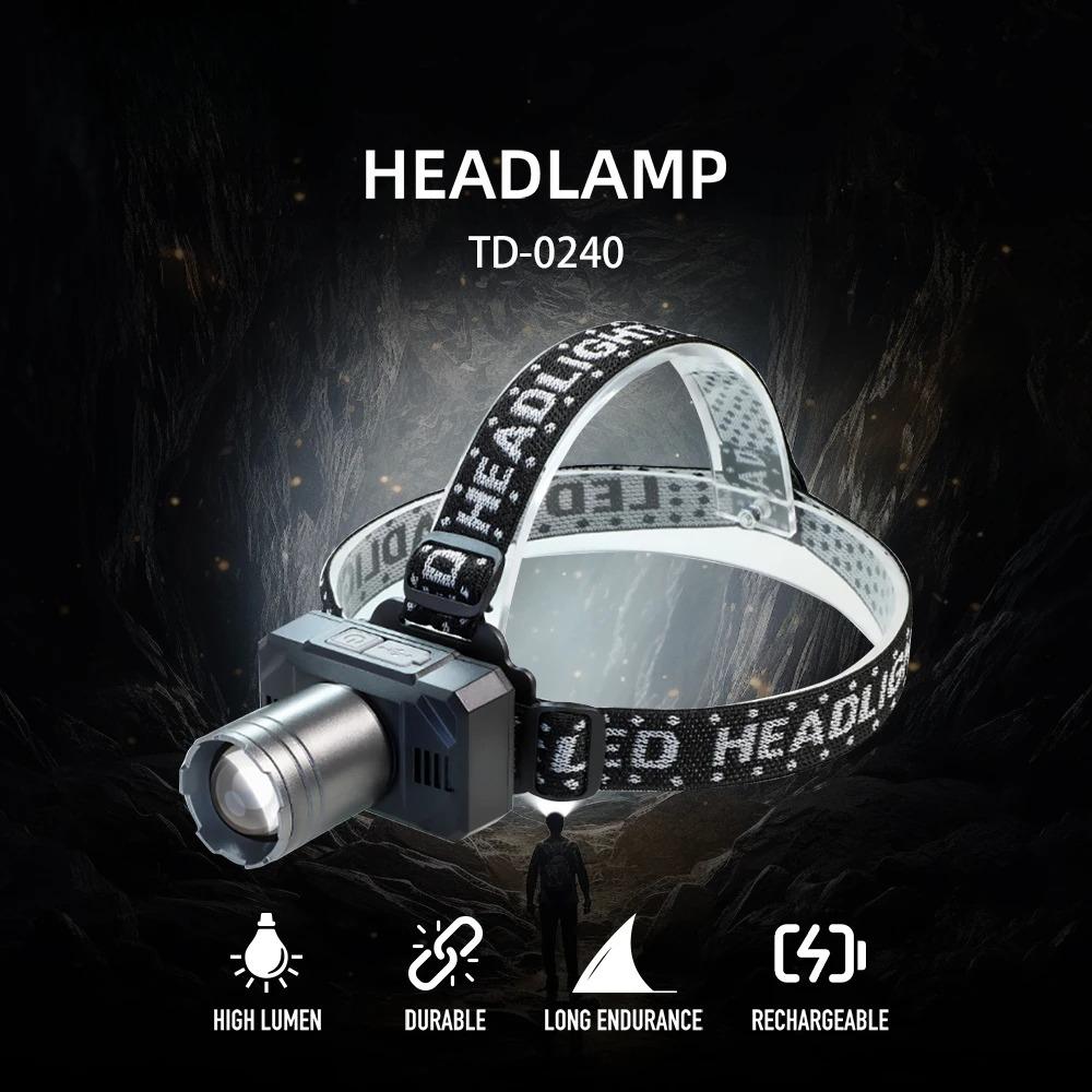 Перезаряжаемый телескопический светодиодный налобный фонарь для улицы, носимый, с сильным светом для ночной езды и рыбалки - регулируемый фокус