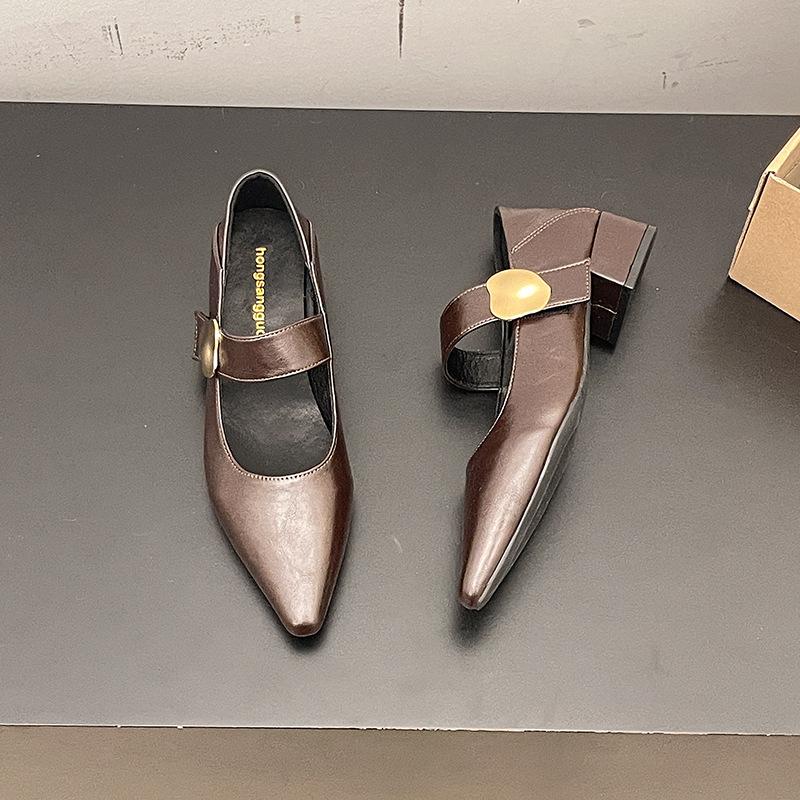 French Gentle Mary Jane Shoes Children 2025 Spring and Autumn New Pointed Head with Skirt Brown Low Heel Single Shoes Trendy Girl