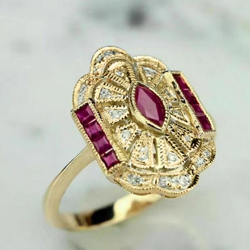 Huitan Роскошные винтажные кольца женские золотого цвета с красным кубическим цирконием, благородные аксессуары для пальцев, эстетичные ювелирные изделия, подарки для девушки