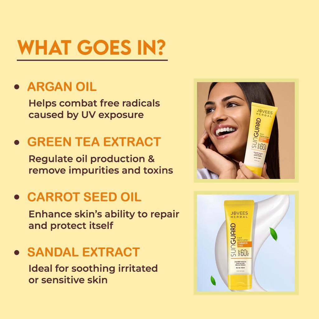 Jovees Herbal Sun Guard Lotion SPF 60 Pa+++ Broad Spectrum 3 in 1 Matte Moisturizer For Women Men 100ml