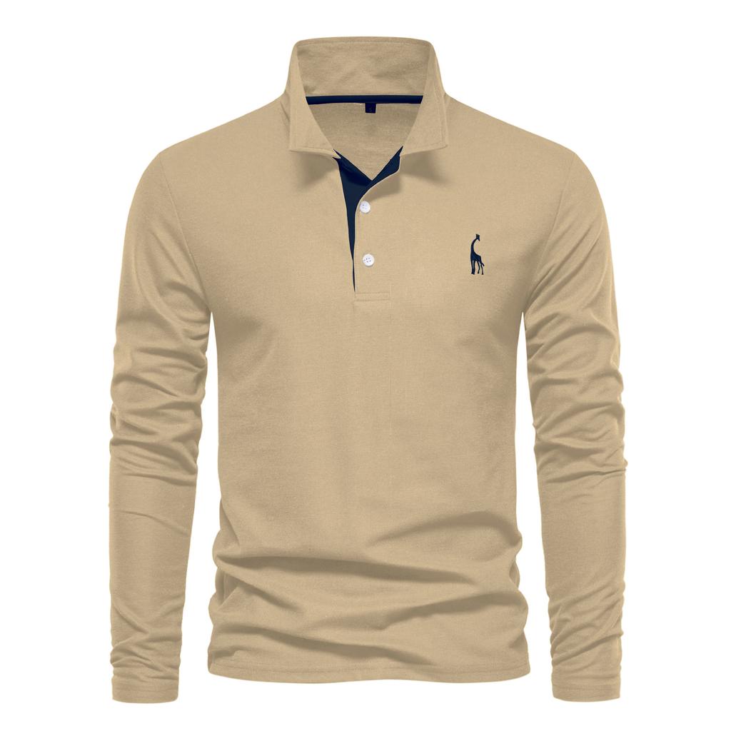 Мужская рубашка поло из хлопка с отложным воротником, весна-осень, модная повседневная рубашка с длинным рукавом и вышивкой оленя на пуговицах