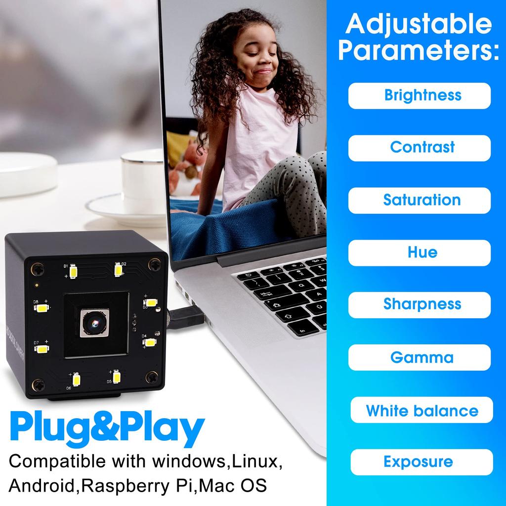 ELP 16MP Night Vision Webcam with Wide Compact 4K USB Camera for White LED UVC USB Mini Video Camera Laptop PC USB Camera for and Industrial Use