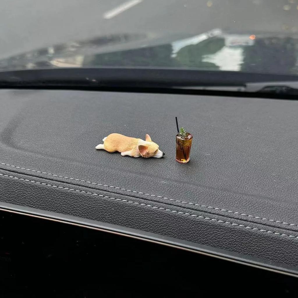 Sleeping Posture Corgi Car Ornaments, Creative Interior Center Console Decorations, Realistic And Cute Resin Puppy Car.