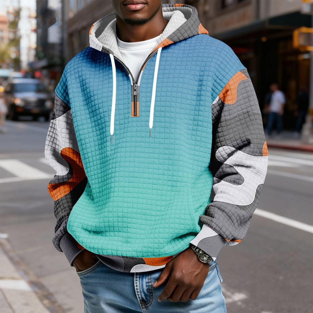 Мужской худи-пуловер в клетку с капюшоном на молнии до середины, со шнурком и принтом, повседневная спортивная толстовка