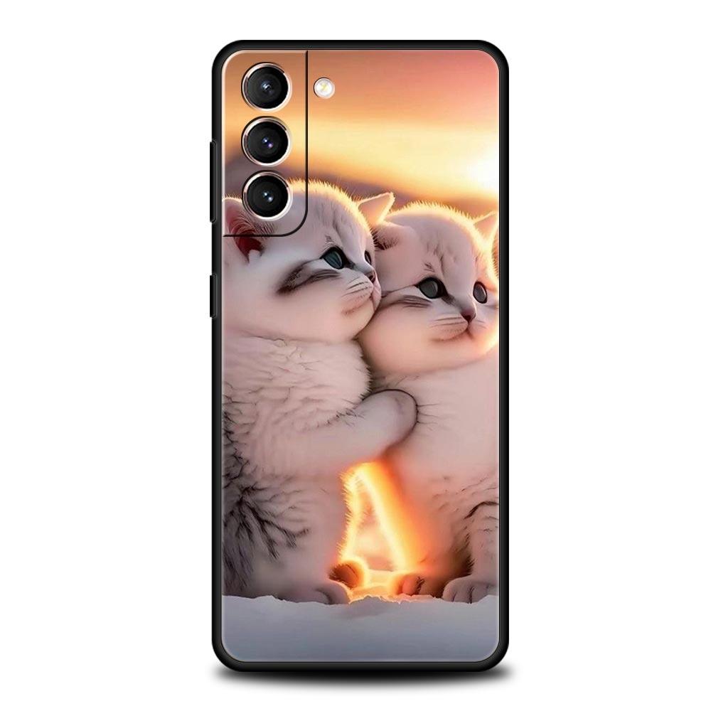 Чехол для телефона 'Целующийся кот' Милый котенок Для Samsung Galaxy S25 S24 S23 FE S22 Ultra S20 S21 5G S10 Plus S10E Мягкая черная крышка