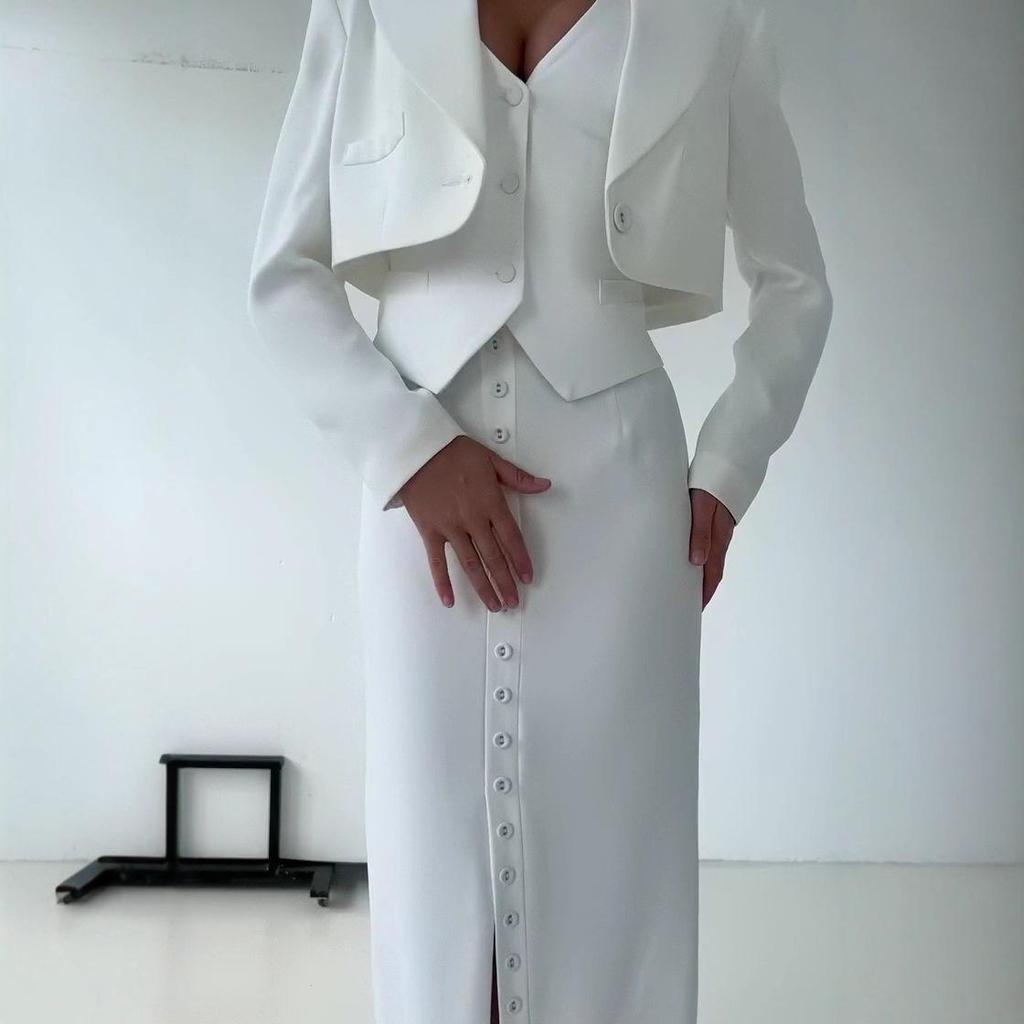 Женский элегантный жилет без рукавов с пуговицами, комплект платья-жакета - однотонный