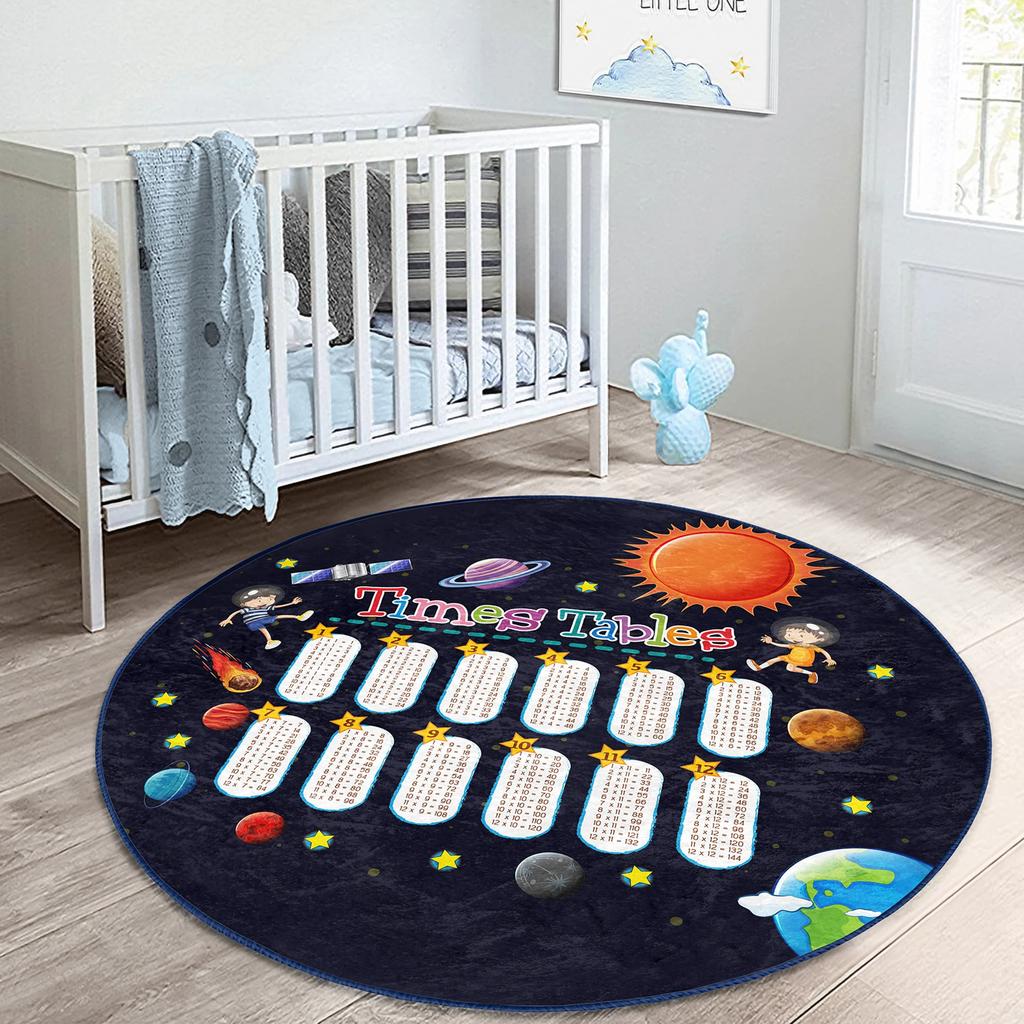 Space Round Rug Planet Floor Carpet Alphabet Non Slip Circle Rugs Rocket Anti Slip Mat Math Area Rugs Black Rug For Kid's Room