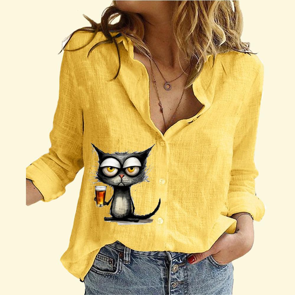Женская мода хлопок льняная рубашка повседневный тонкий длинный рукав топ дамы кошачий принт застегивающаяся блузка
