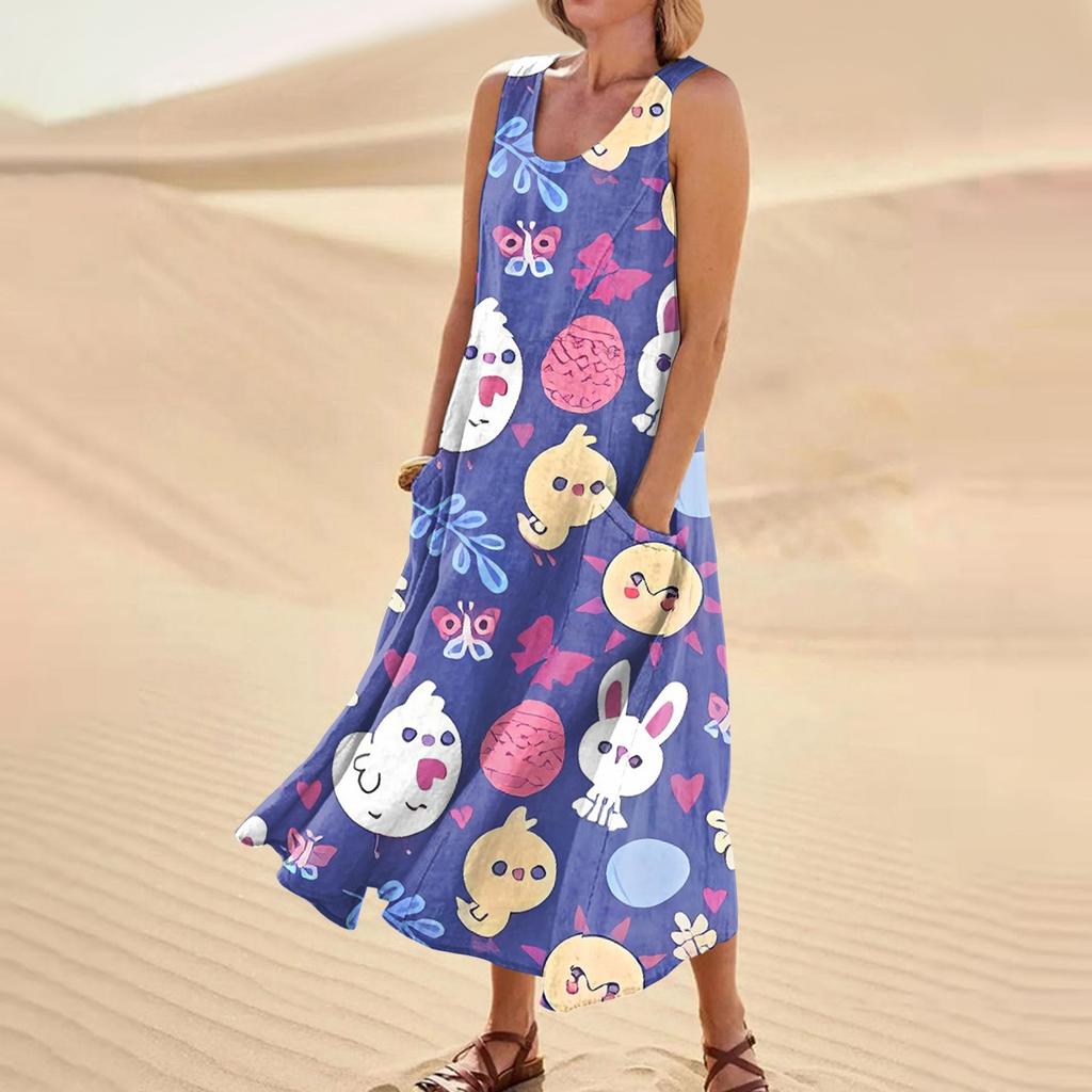 Women's Summer Casual Fashion Easter Printed Sleeveless Round Neck Pocket Dress