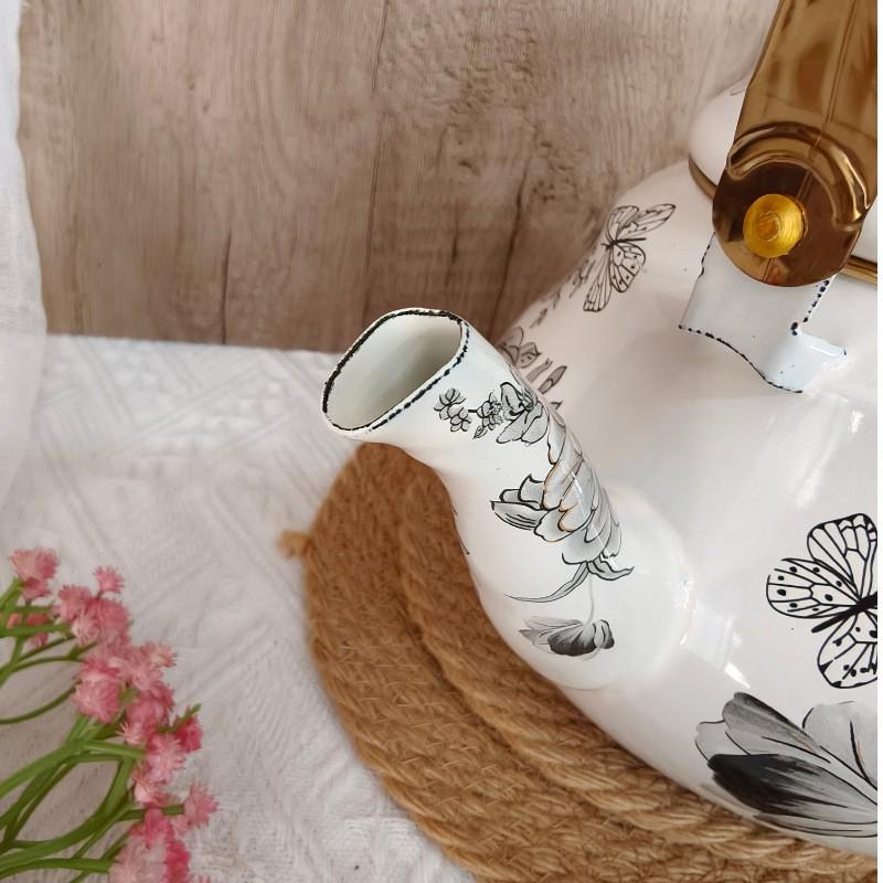 Enamel Coffee Pot Pear-Shaped Water Kettle Gold Handle 1.5L 2L 2.5L White Base With Peony