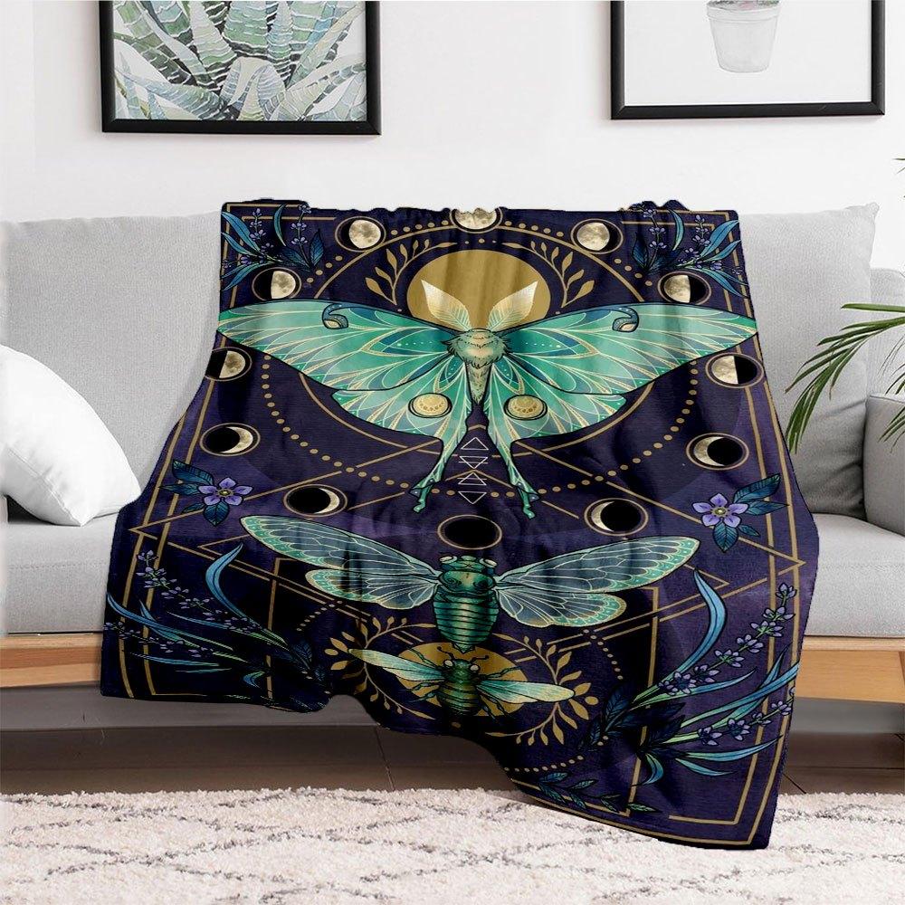 "Enchanted Moth & Cicada Art Print: Celestial Nature Decor"Blanket Flannel Throw Blanket for Sofa, Bed, Travel, Camping, Office, Couch, Chai