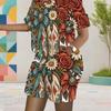Women Plus Size Round Neck Short Sleeve Printed Top Pocket Shorts Two Piece Set