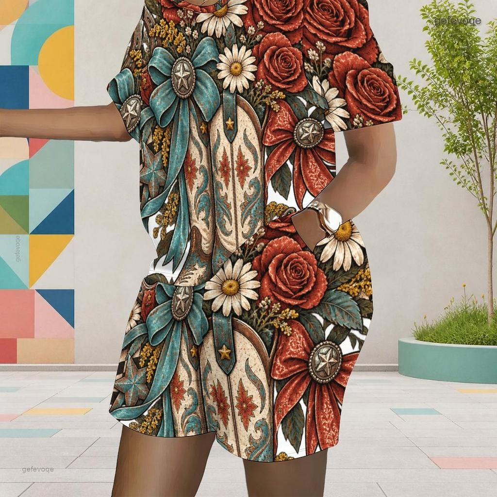 Women Plus Size Round Neck Short Sleeve Printed Top Pocket Shorts Two Piece Set